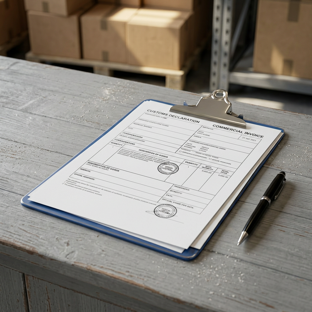 Customs import documents arranged on warehouse clipboard