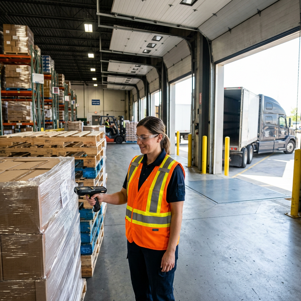 Warehouse worker scanning pallets in organized LTL facility