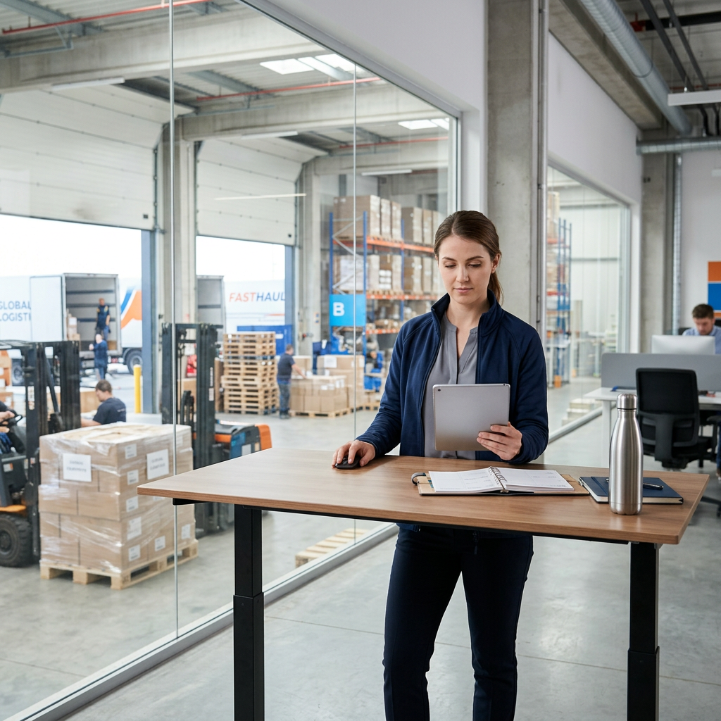 Logistics coordinator reviewing shipping analytics on tablet
