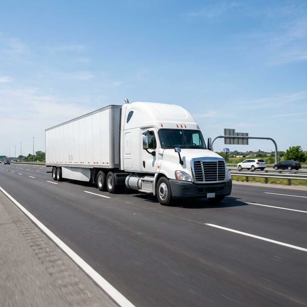 Transport truck on busy Canadian highway in motion