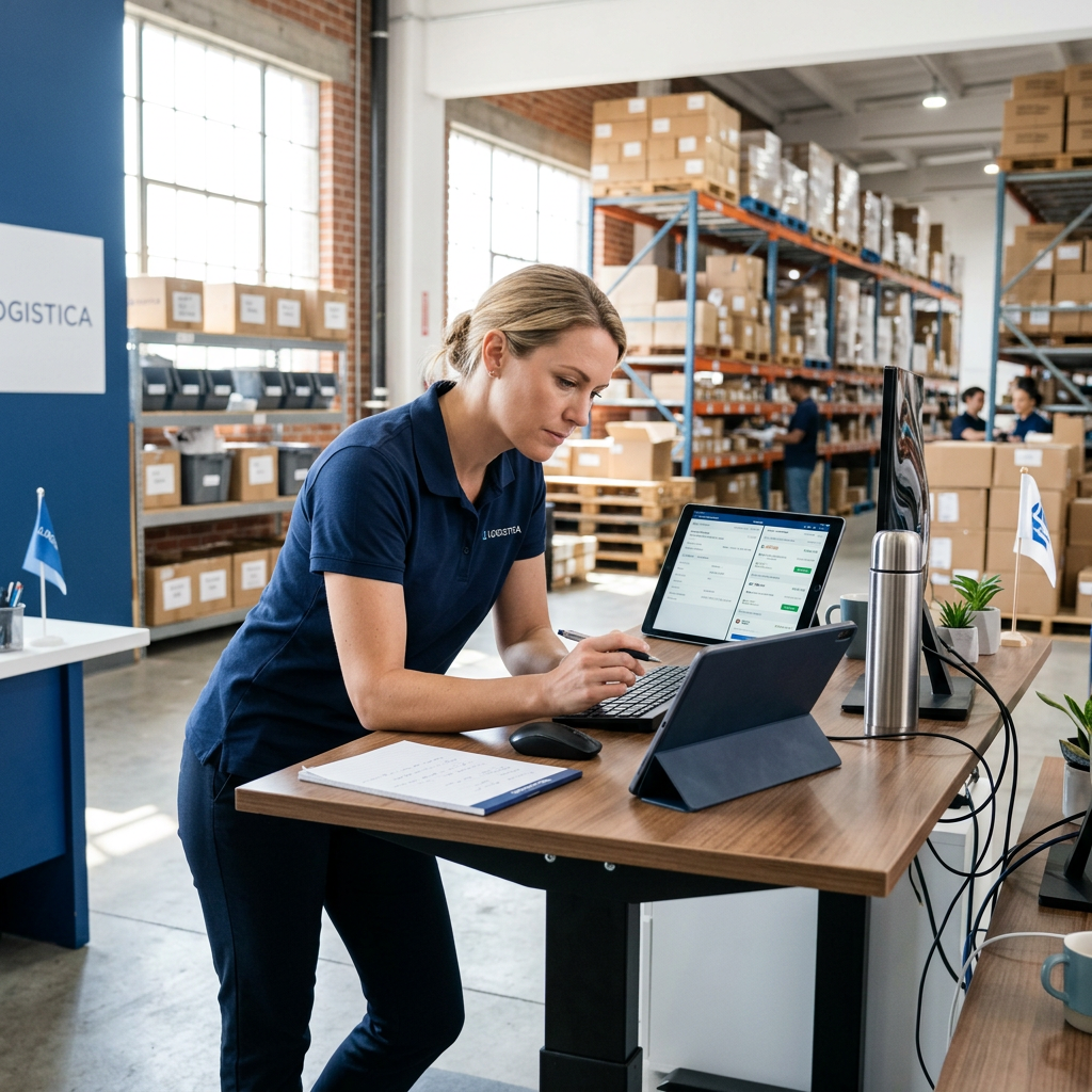 Logistics manager reviewing shipment data on tablet at standing desk