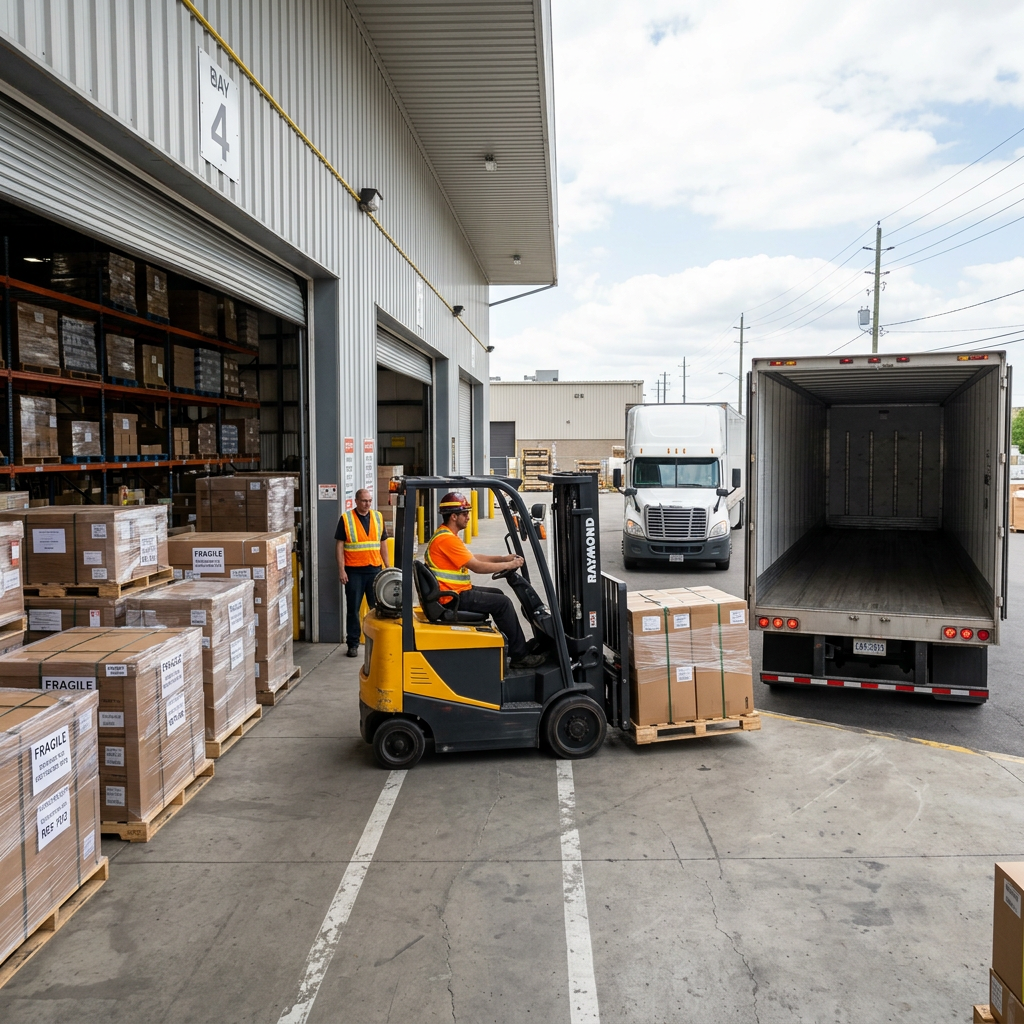 Warehouse forklift loading partial pallets onto transport truck