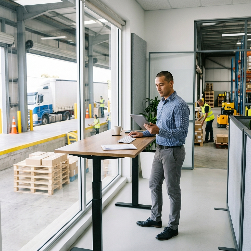 Logistics manager reviewing shipment dashboard at warehouse desk