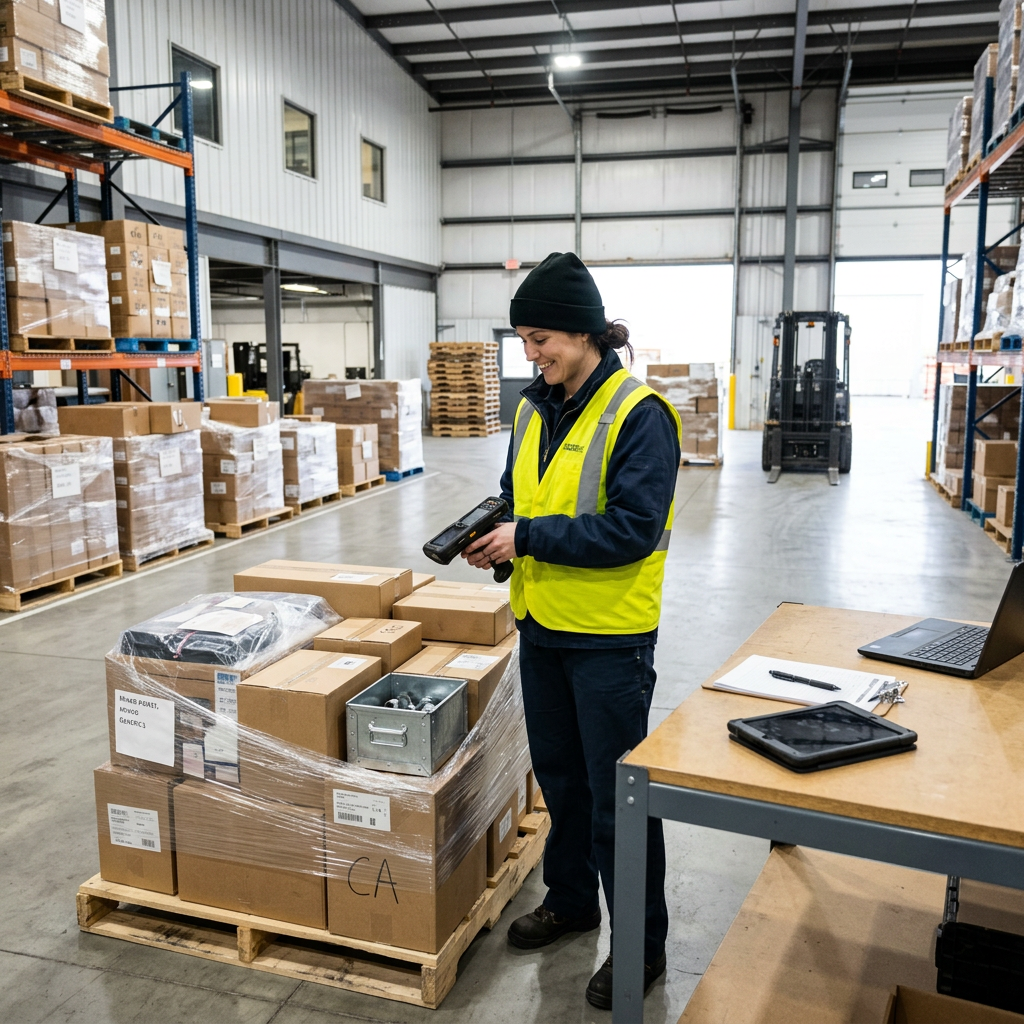 Warehouse worker scanning pallets in organized LTL facility