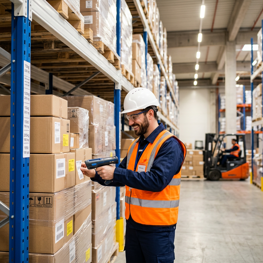 Warehouse worker scanning LTL freight pallets with handheld scanner