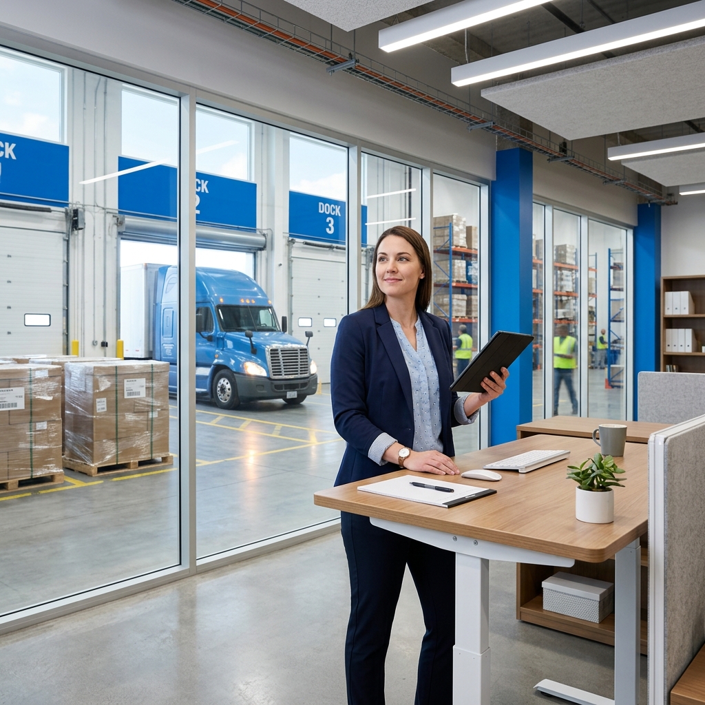 Logistics manager reviewing digital shipping dashboard in modern warehouse office