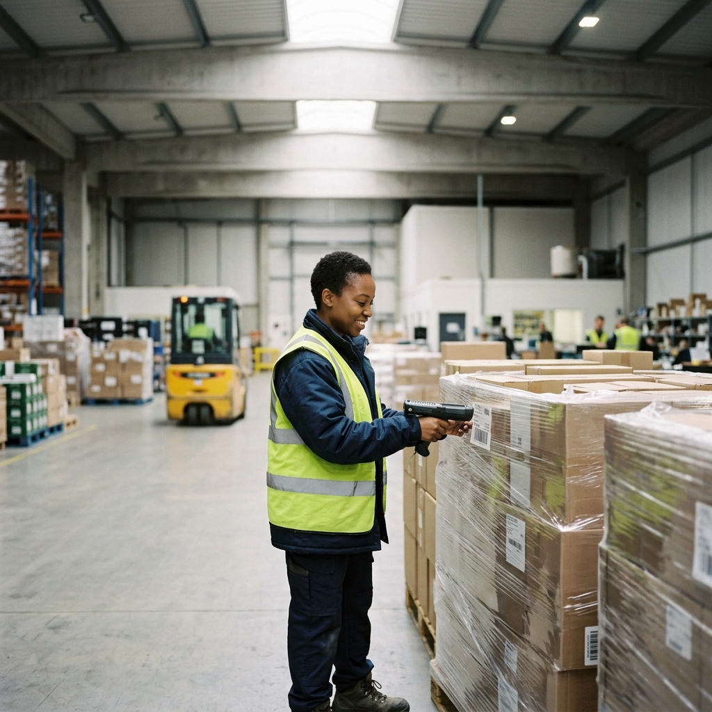 Warehouse worker scanning mixed freight pallets with handheld device