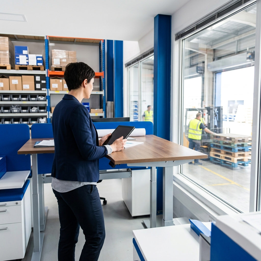 Logistics manager reviewing shipments on tablet at warehouse desk