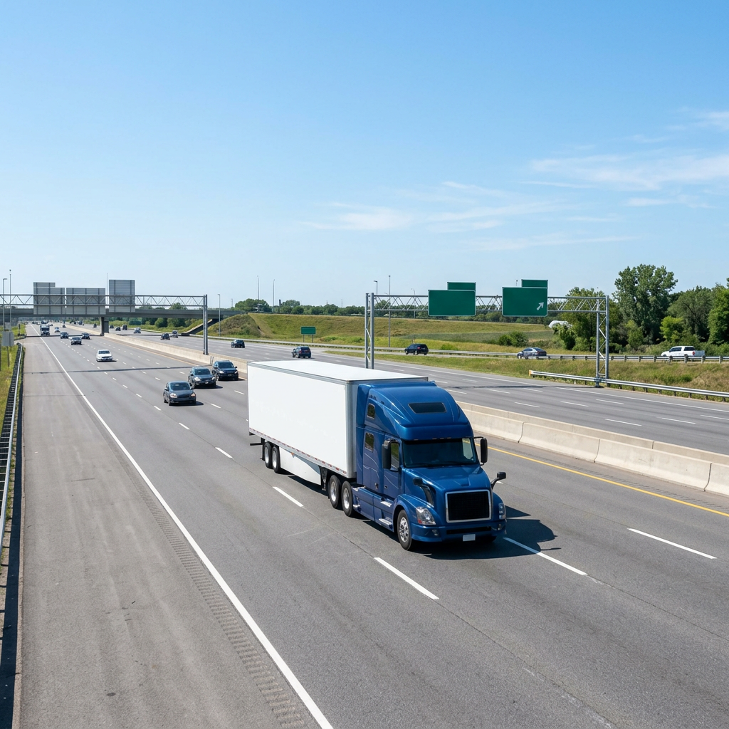 Transport truck traveling along highway with clear forward momentum