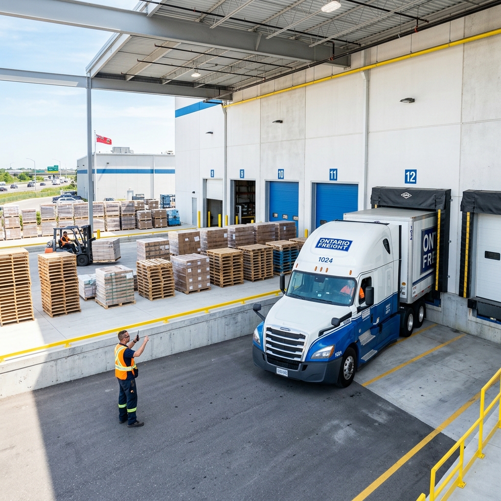 Warehouse loading dock with organized pallets and arriving transport truck