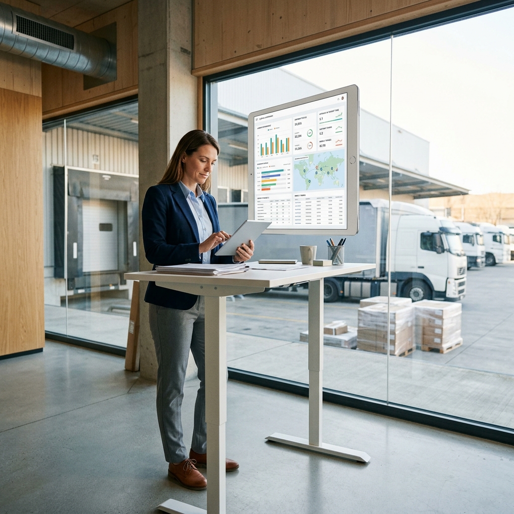 Logistics manager reviewing shipment data at warehouse office desk