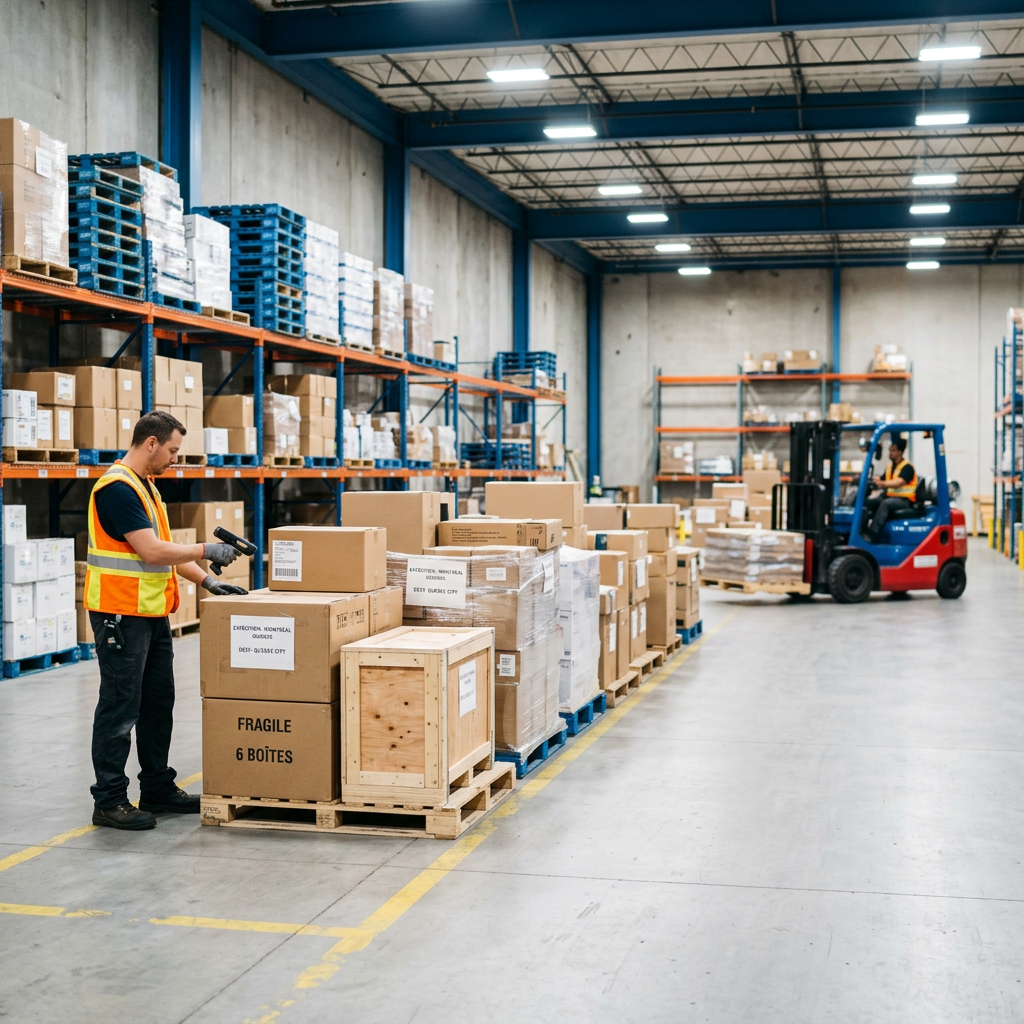 Warehouse worker scanning LTL freight in organized staging area