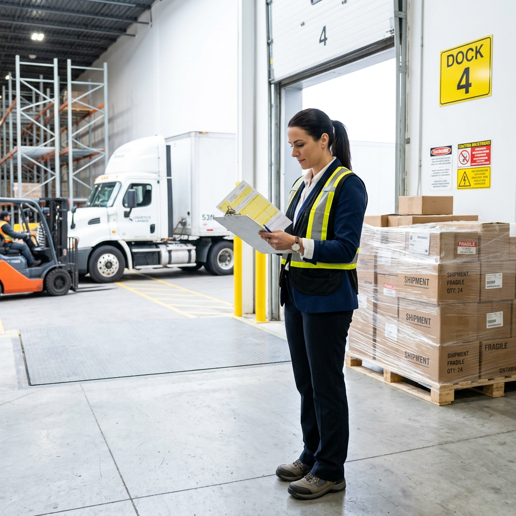 Warehouse coordinator reviewing customs documentation at loading dock