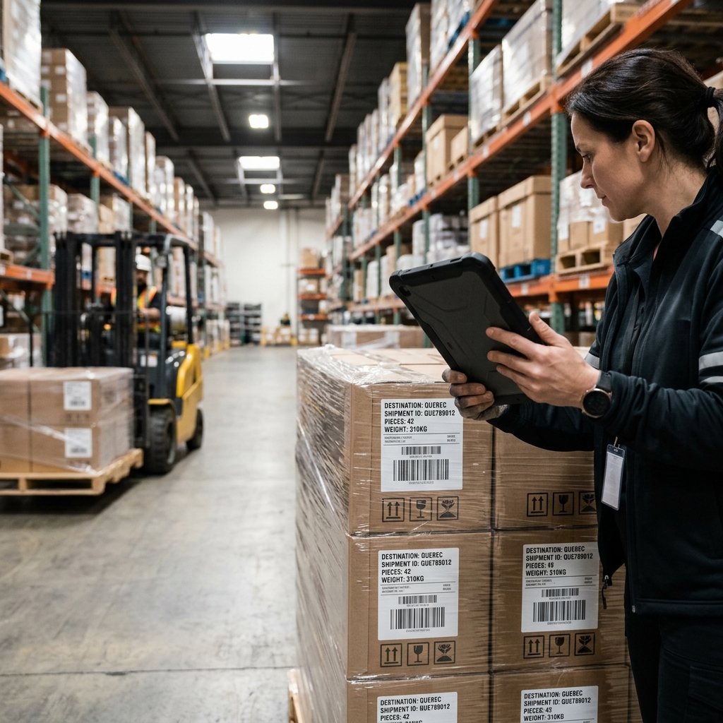 Logistics manager reviewing shipment details on tablet near pallet