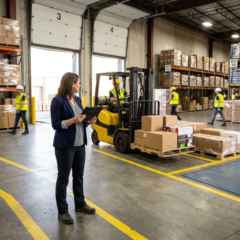 Warehouse coordinator reviewing documentation on tablet at loading dock