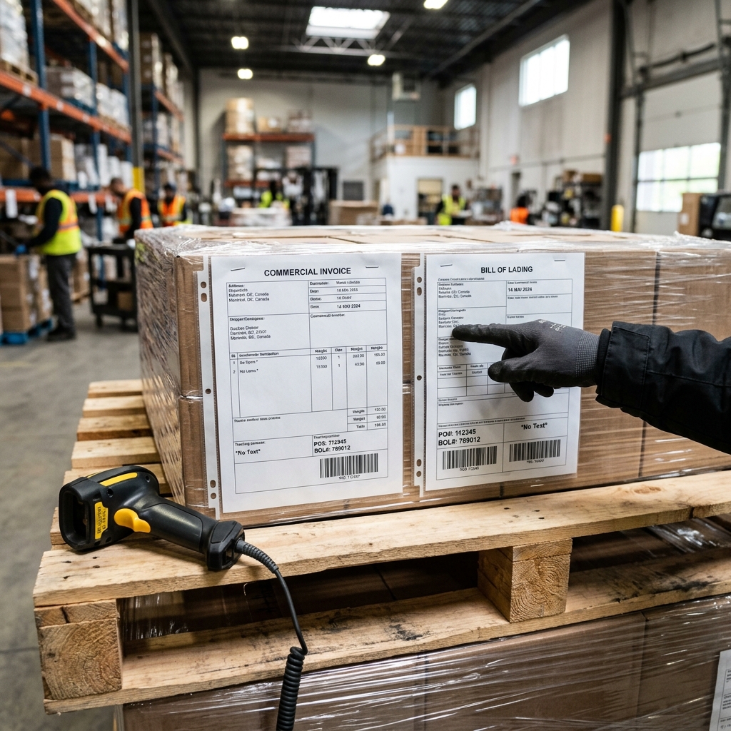 Cross-border shipping documents attached to staged LTL pallet