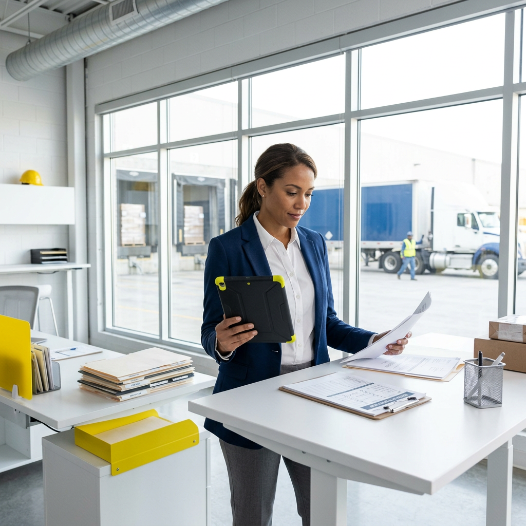 Logistics coordinator reviewing compliance documentation at warehouse desk