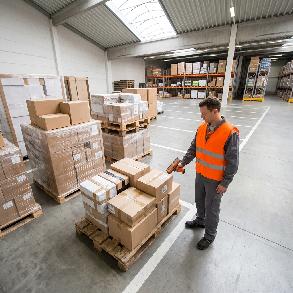 Warehouse worker scanning LTL pallets with handheld compliance device