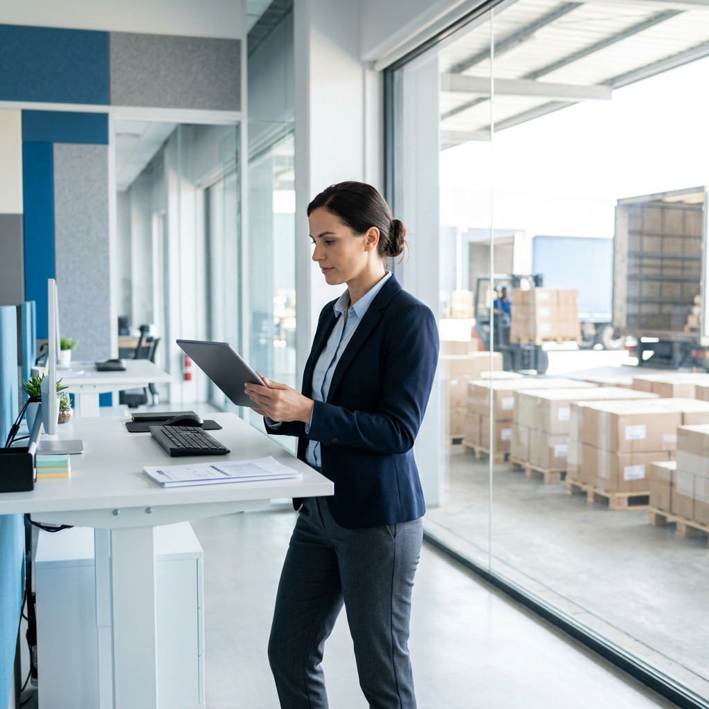 Logistics manager reviewing shipment data on tablet at warehouse office