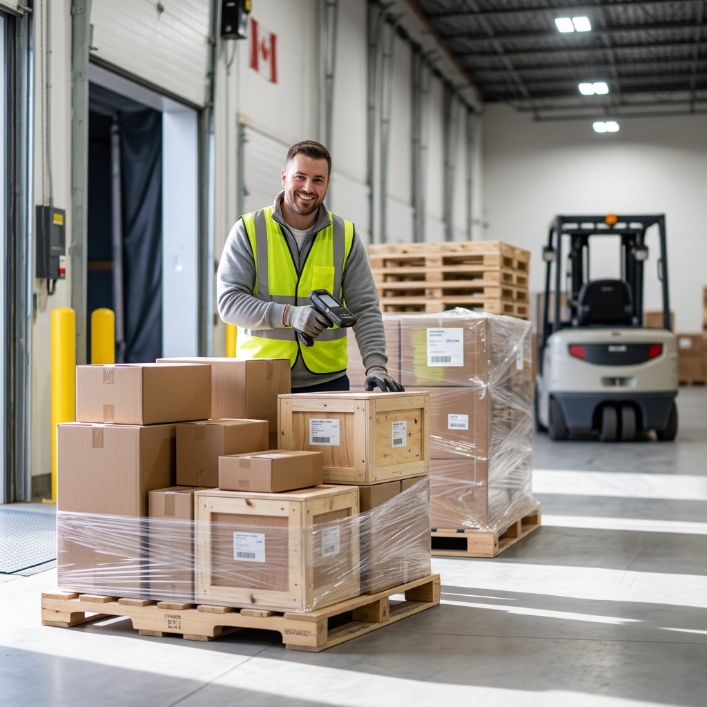 Warehouse worker scanning partial pallets at organized loading dock