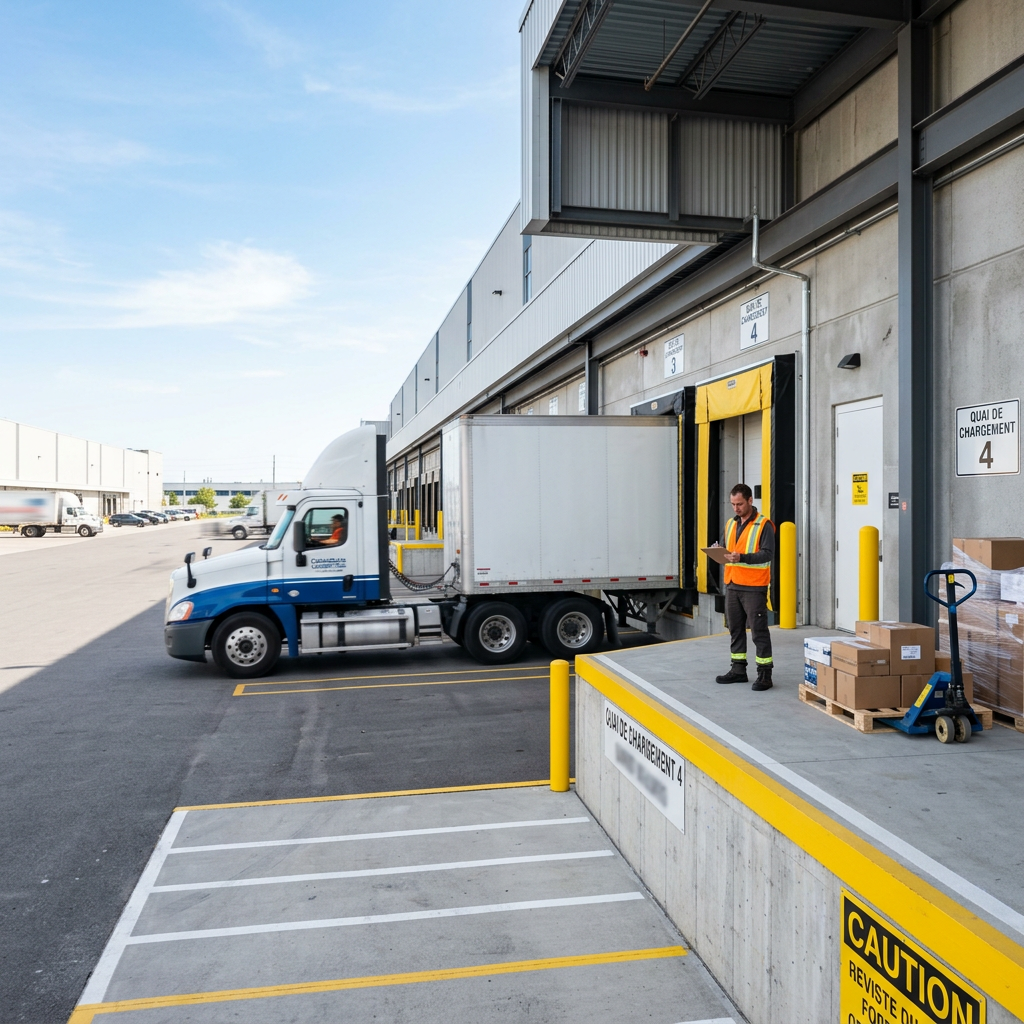 Truck backing into organized warehouse loading dock