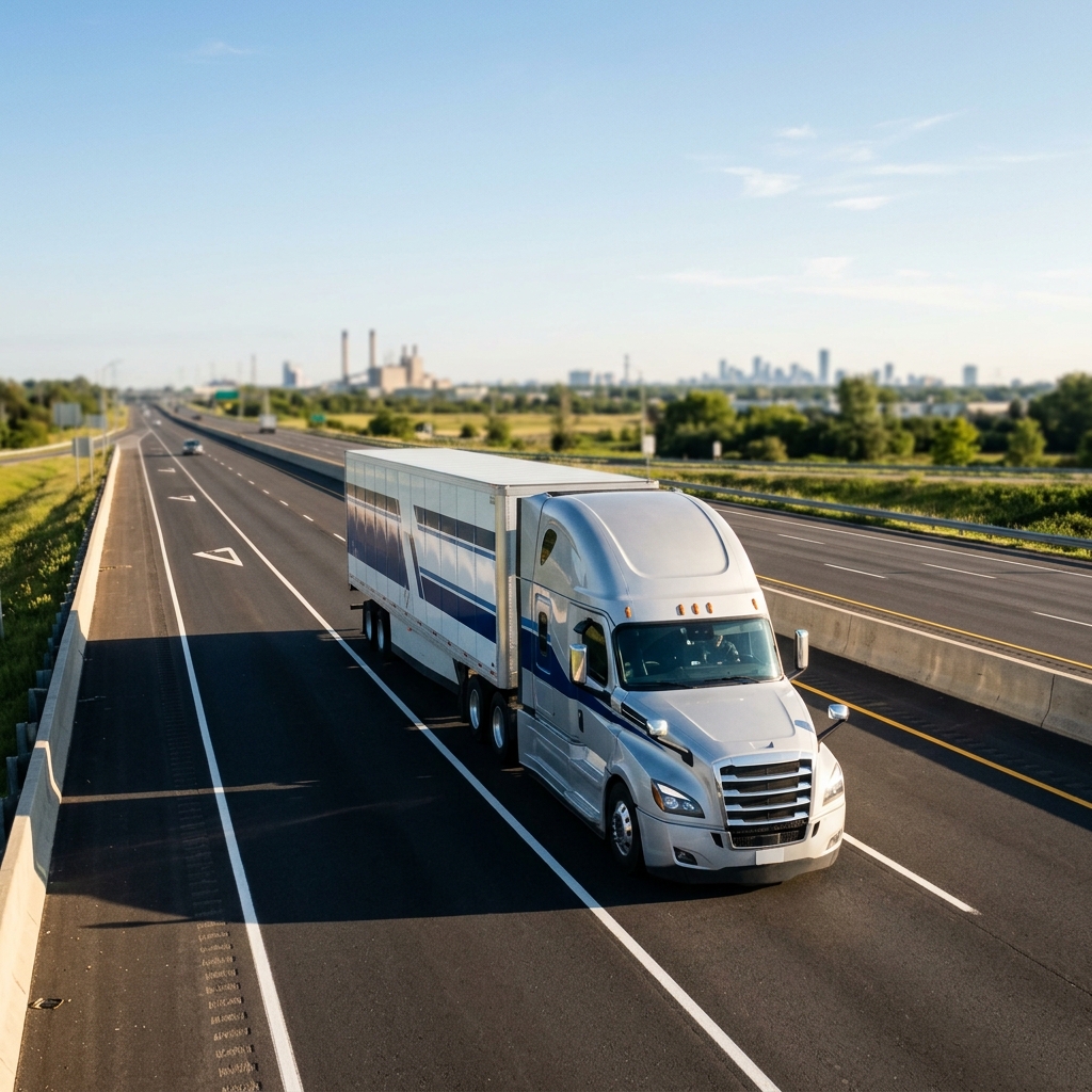 Commercial freight truck cruising major highway corridor with purpose