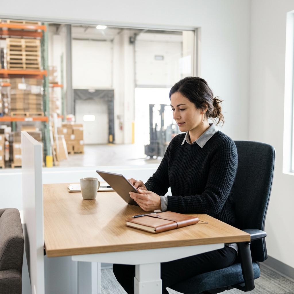 Logistics coordinator reviewing shipping quotes on tablet