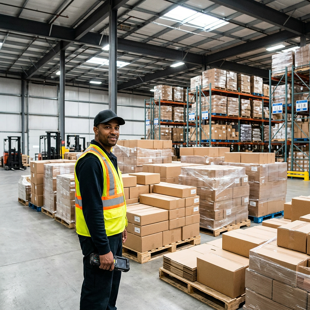 Warehouse worker scanning pallets in organized staging area