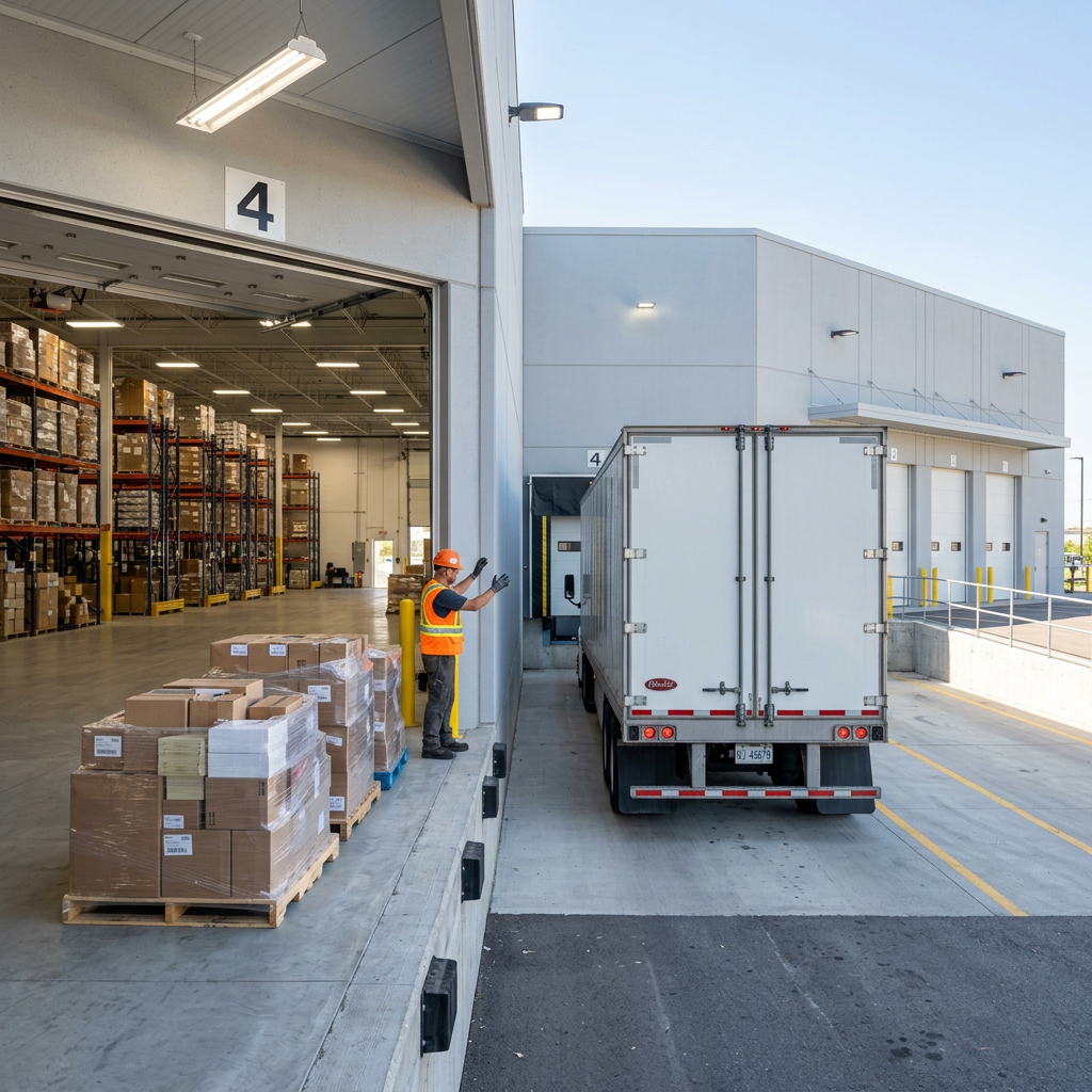 Warehouse dock with truck backing in and staged LTL pallets