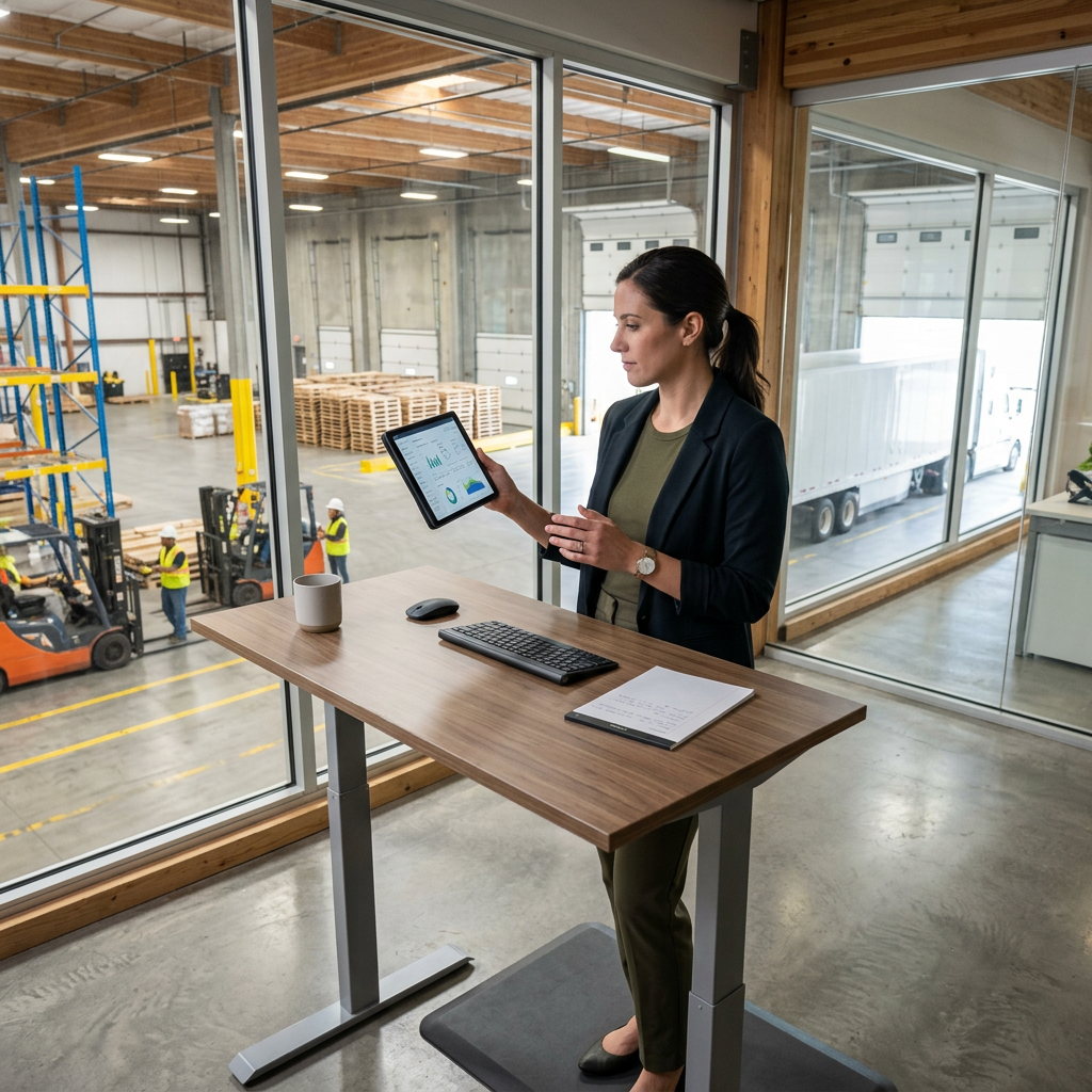 Logistics manager reviewing digital shipment dashboard at warehouse office