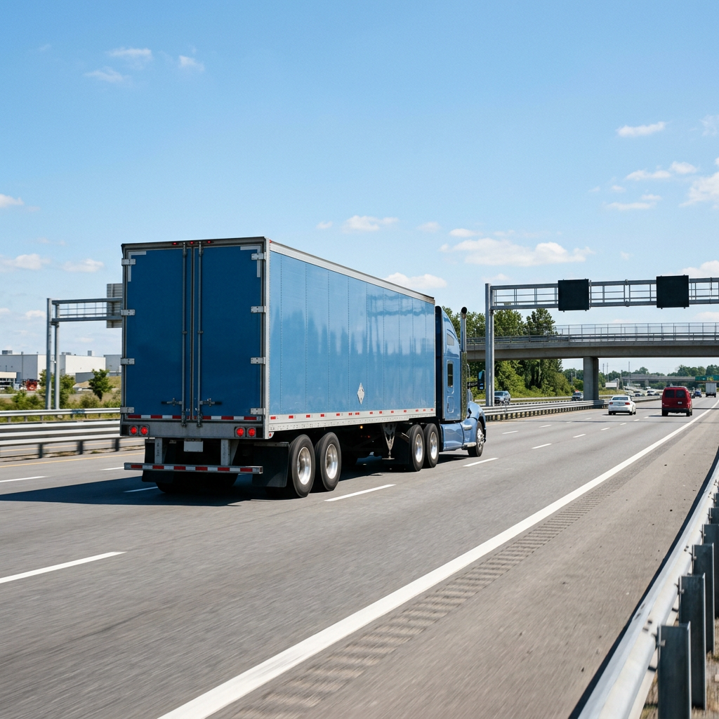 Commercial transport truck moving along highway with purposeful momentum