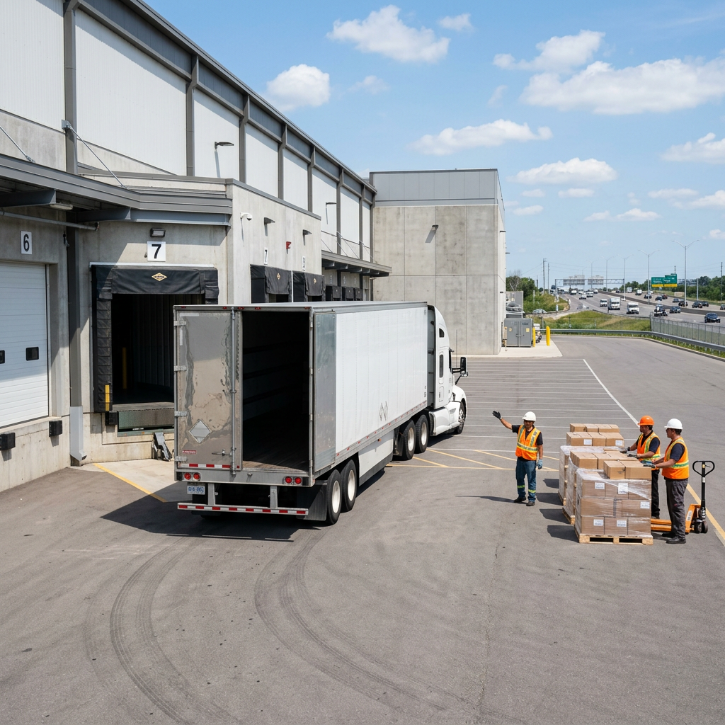Transport truck backing into organized warehouse loading dock
