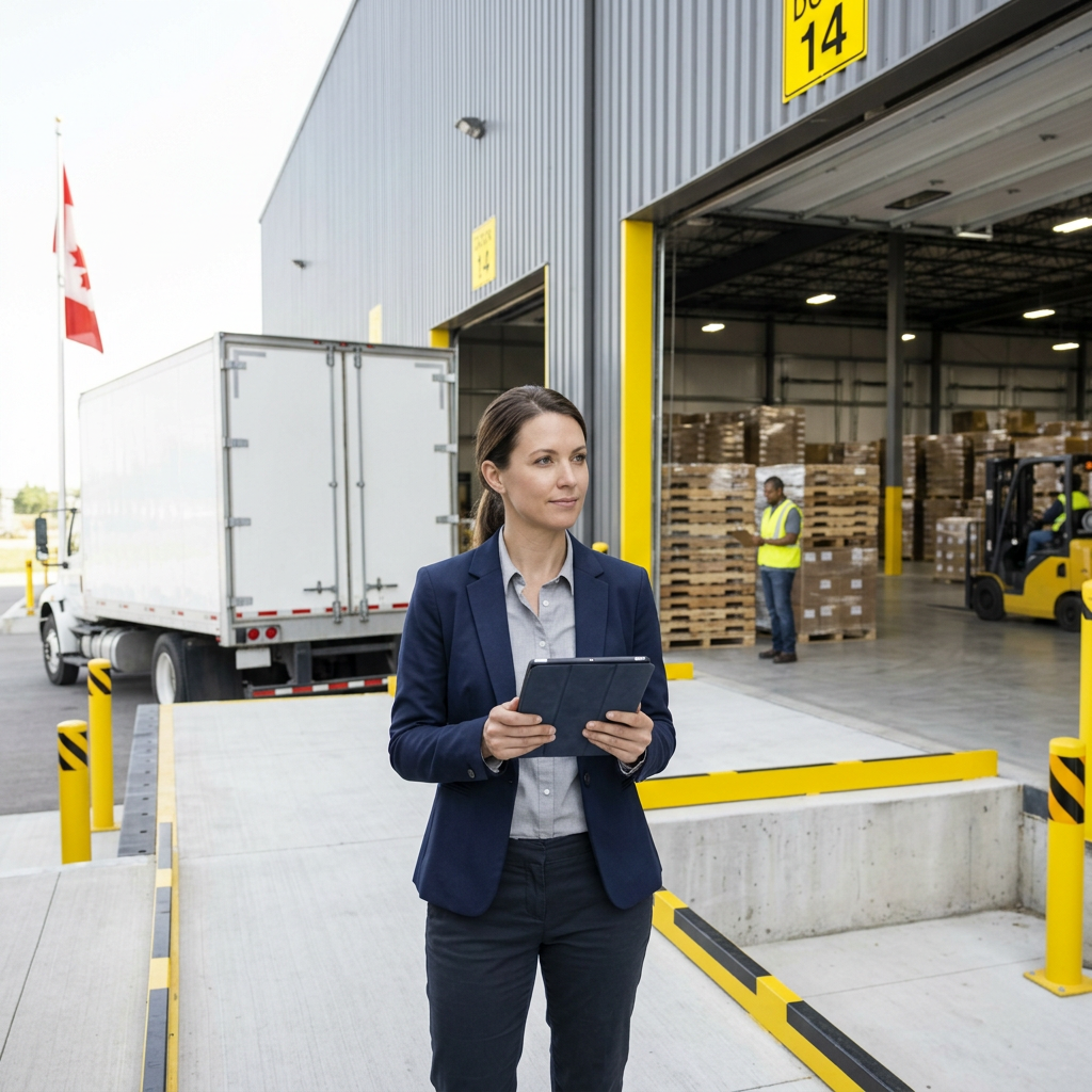 Logistics manager reviewing real-time freight tracking on tablet at loading dock