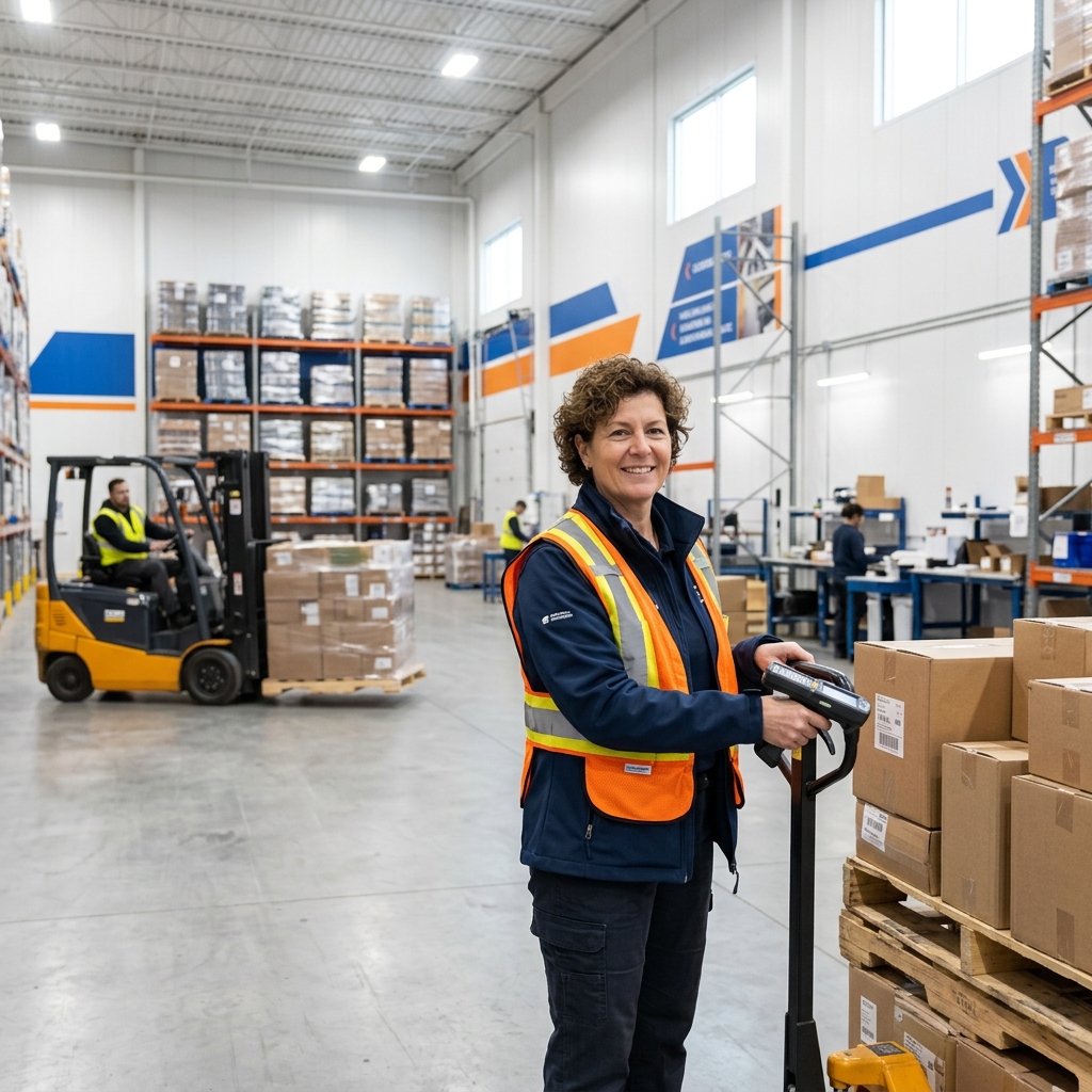 Warehouse worker scanning LTL freight with logistics visibility system active
