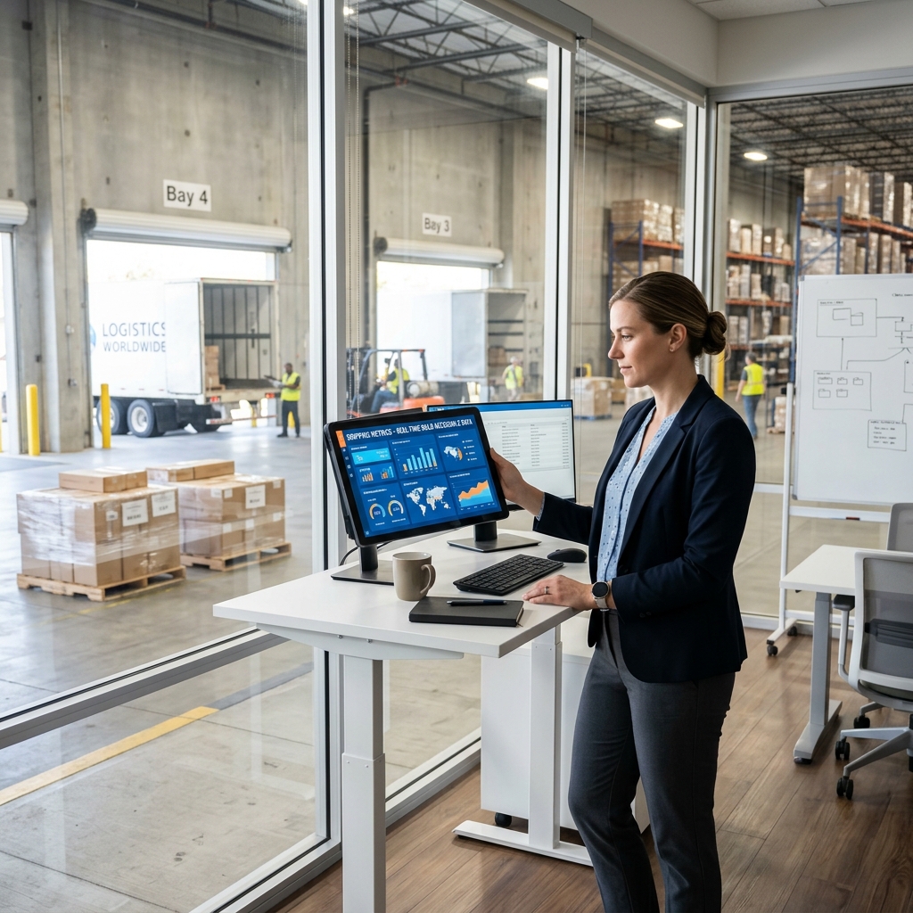 Logistics manager reviews shipment data at warehouse office