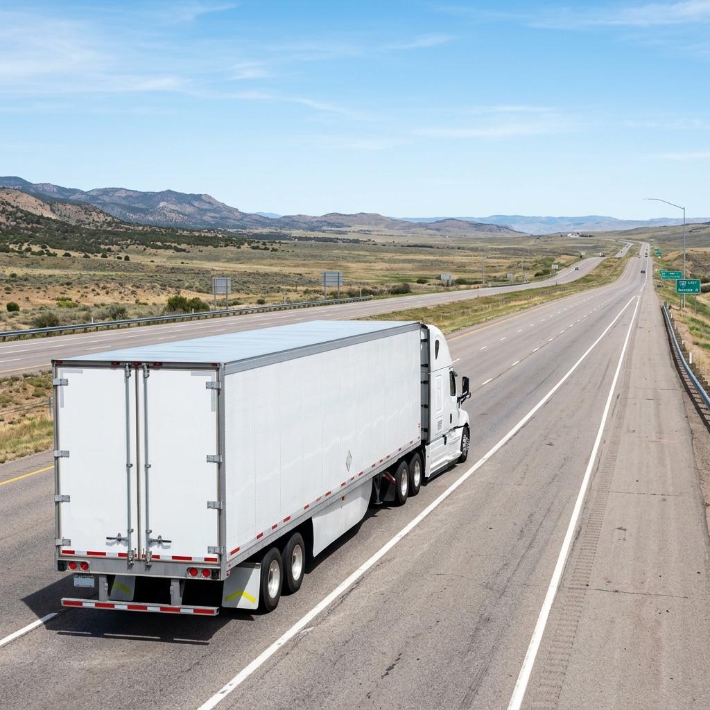 Transport truck in motion on cross-border highway corridor