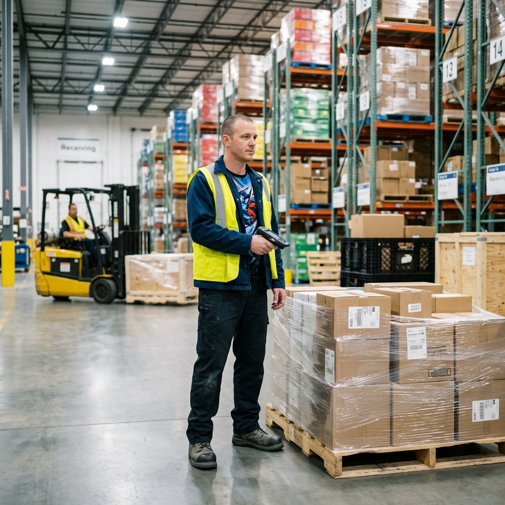 Warehouse worker scanning mixed freight pallet with scanner