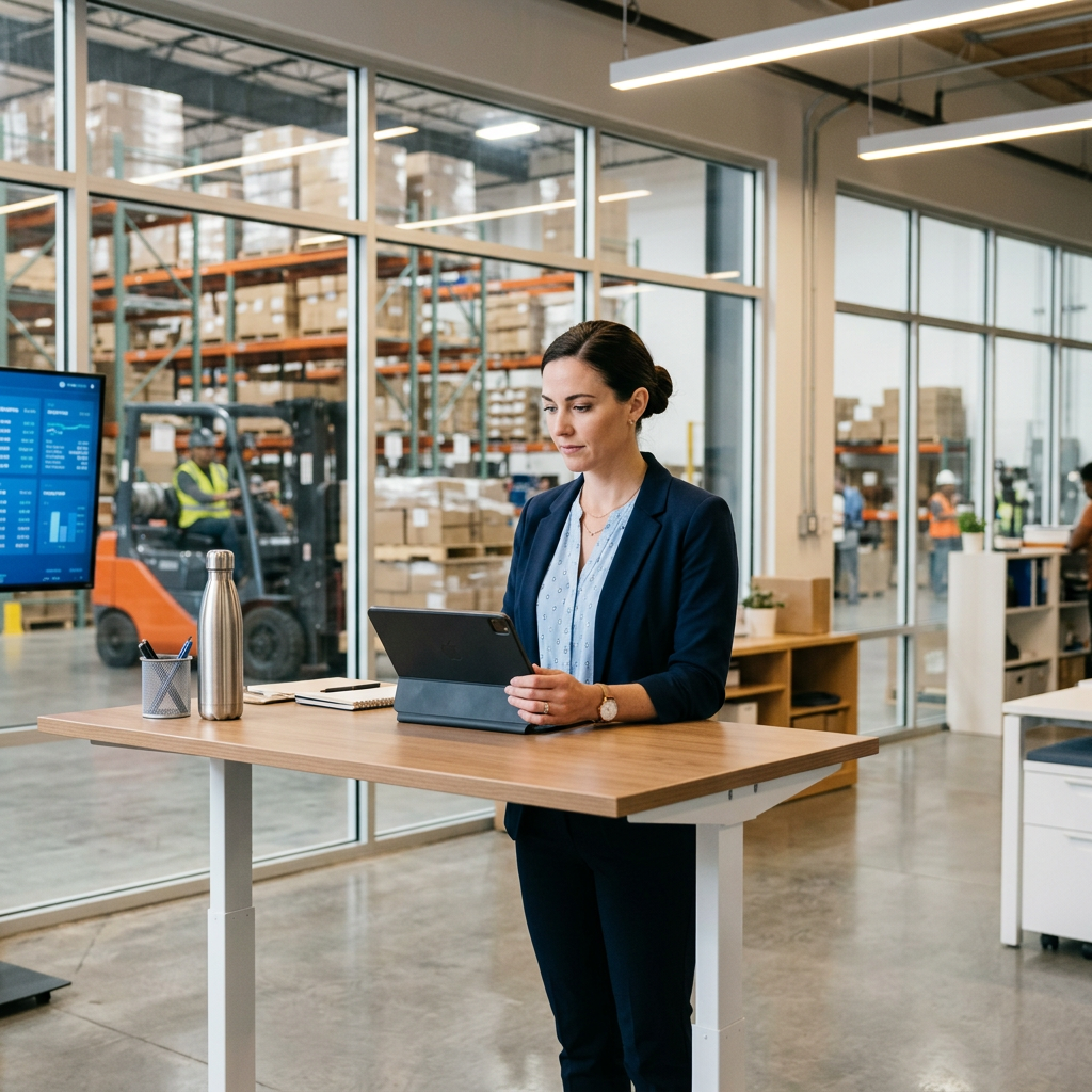 Logistics manager reviewing shipments on tablet at standing desk