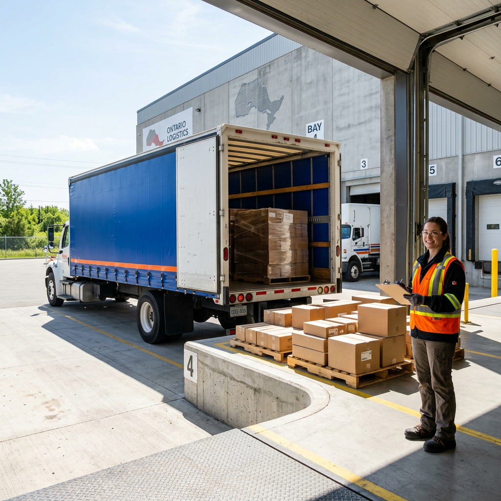 Warehouse worker with staged pallets at loading dock ready for pickup