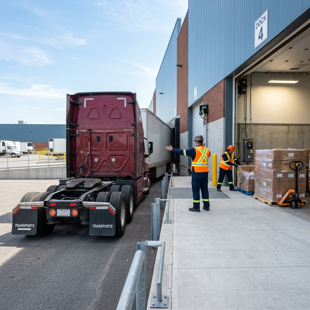 Transport truck backing into organized warehouse loading dock