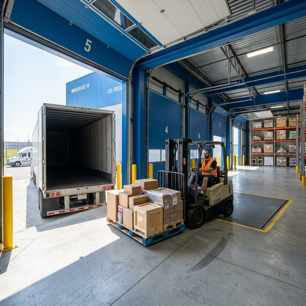 Organized warehouse dock with forklift and LTL freight staging