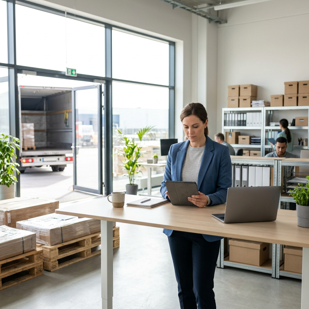 Logistics coordinator reviewing shipment rates on tablet in warehouse office