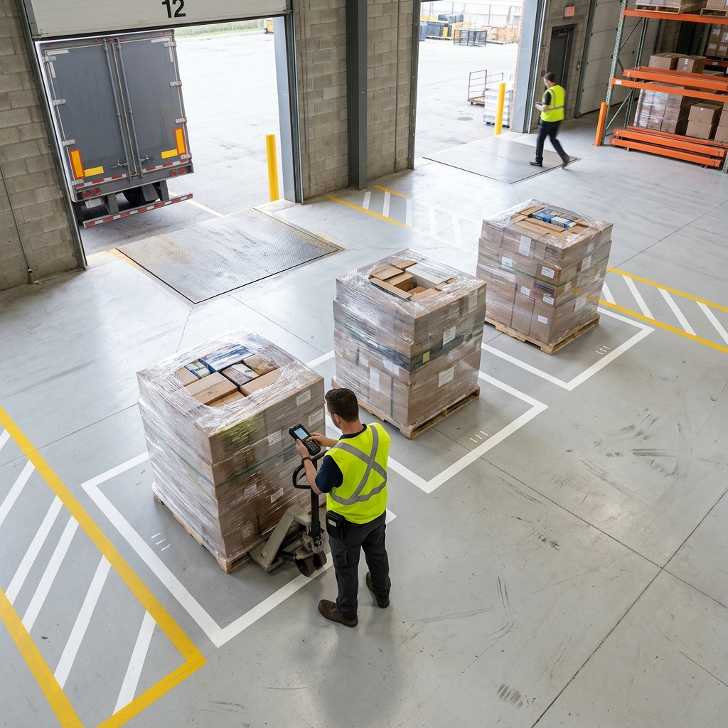 Warehouse worker scanning LTL pallets on organized loading dock