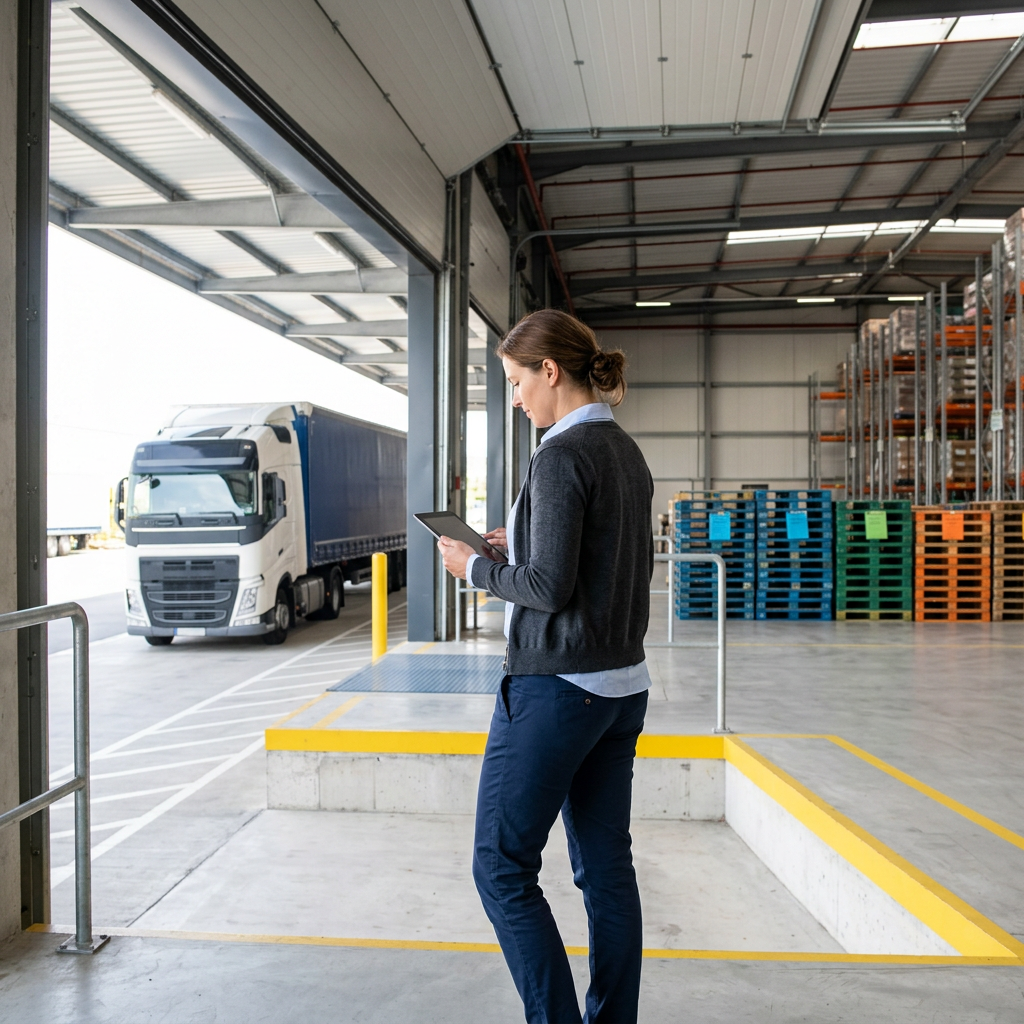 Warehouse coordinator reviewing shipment on tablet at loading dock
