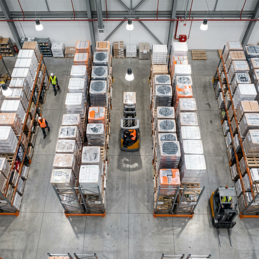 Organized warehouse floor with mixed freight pallets and forklift activity