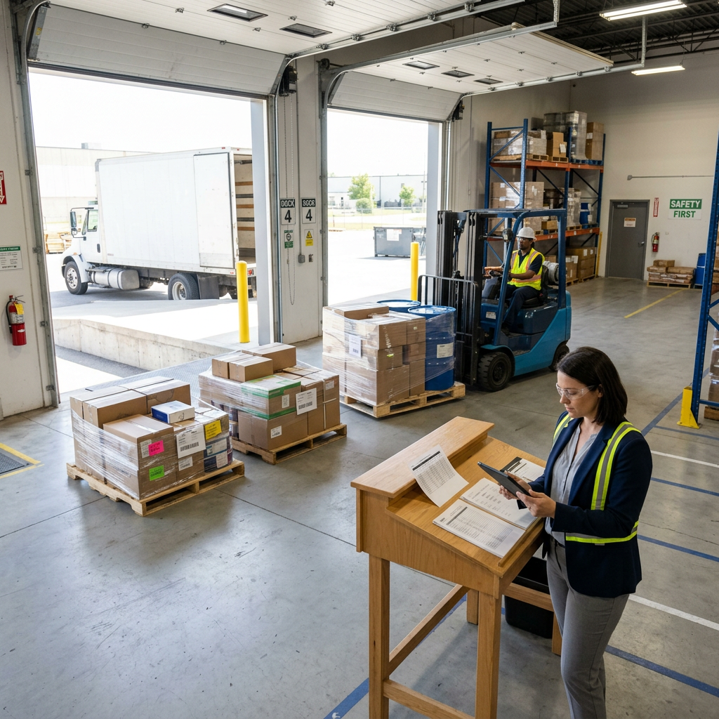 Logistics coordinator reviewing consolidation dashboard at warehouse dock