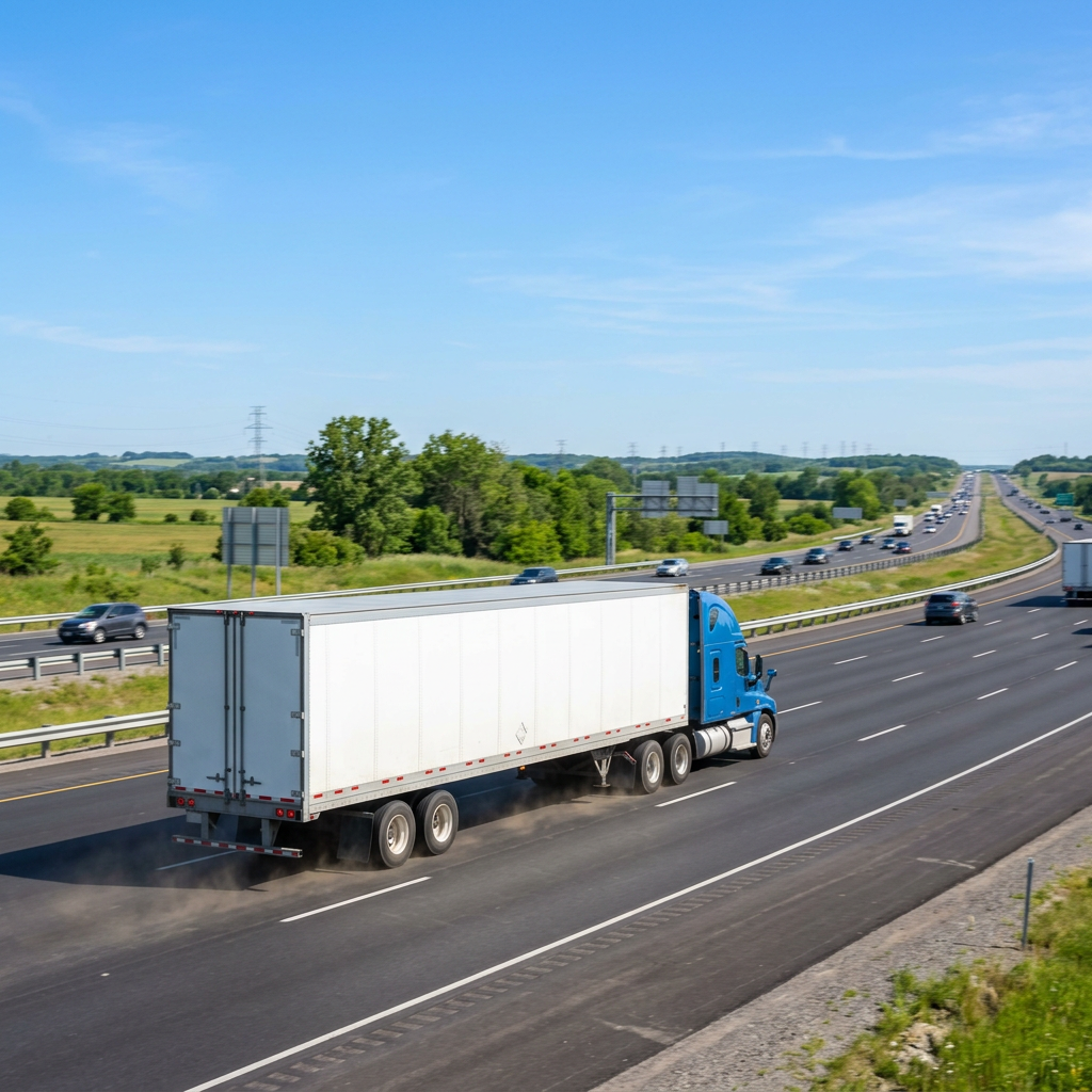 Fully loaded transport truck cruising major Canadian highway corridor