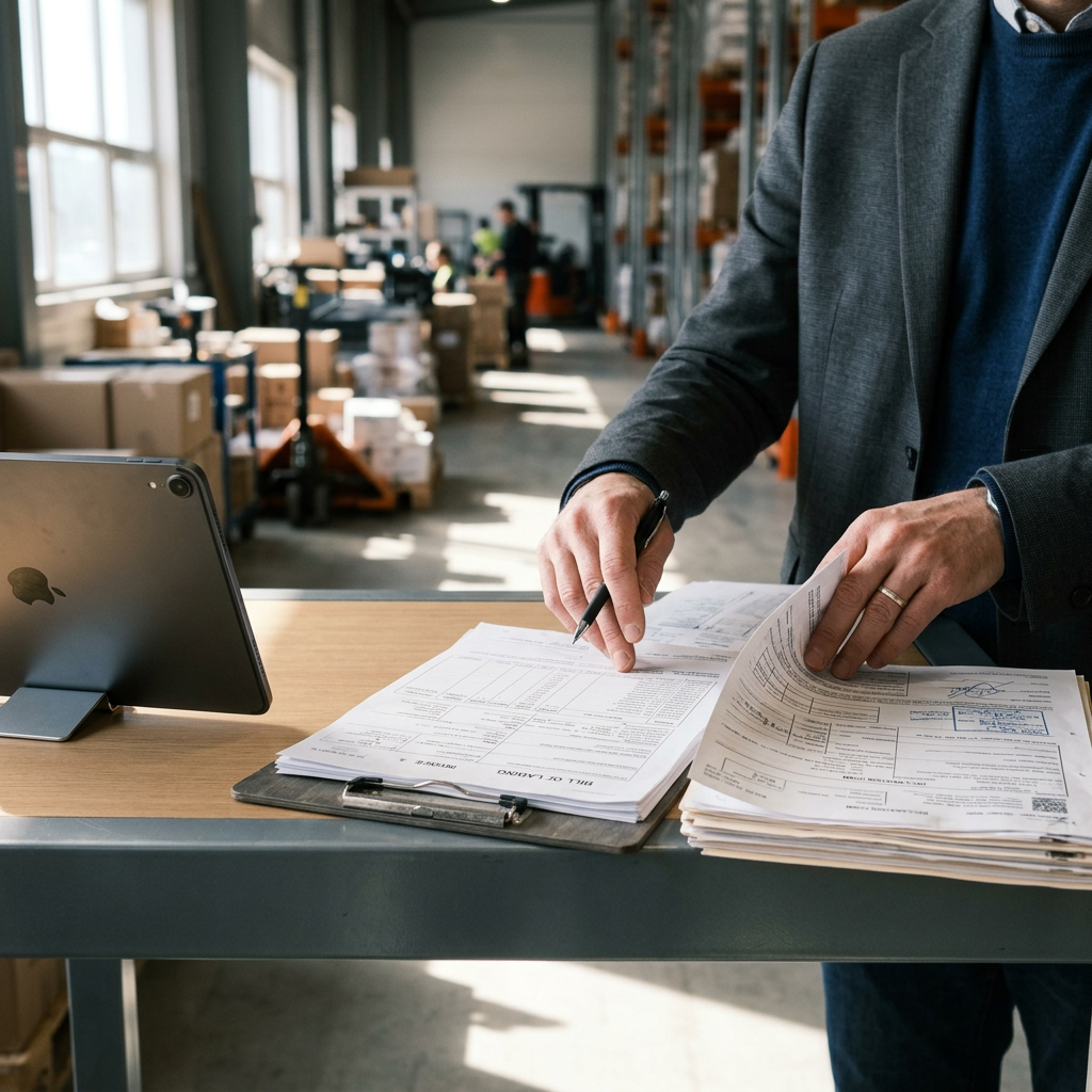 Logistics coordinator reviewing cross-border shipping documents