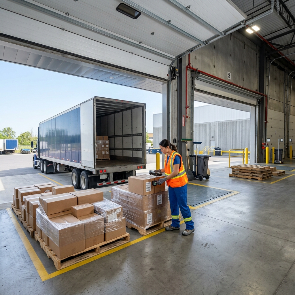 Warehouse worker managing LTL freight at loading dock