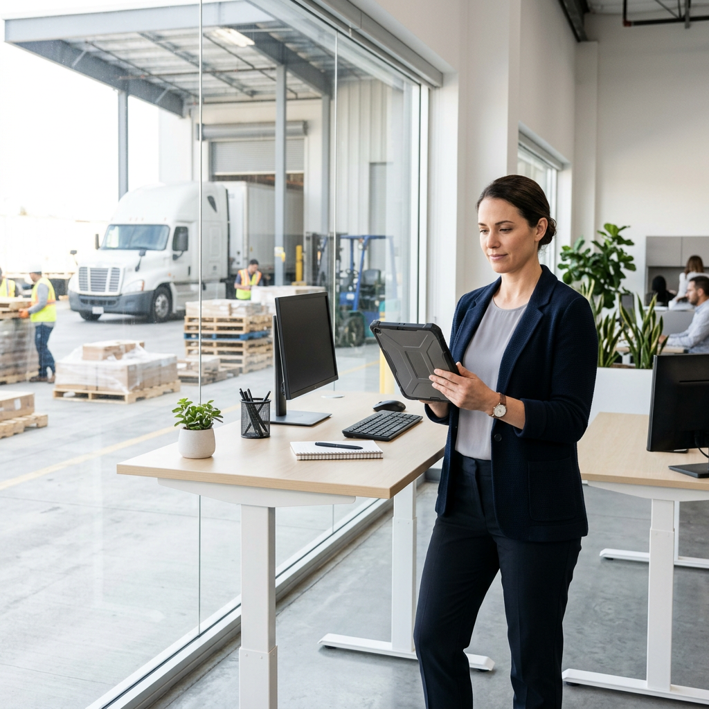 Logistics manager reviewing shipment on tablet at warehouse desk
